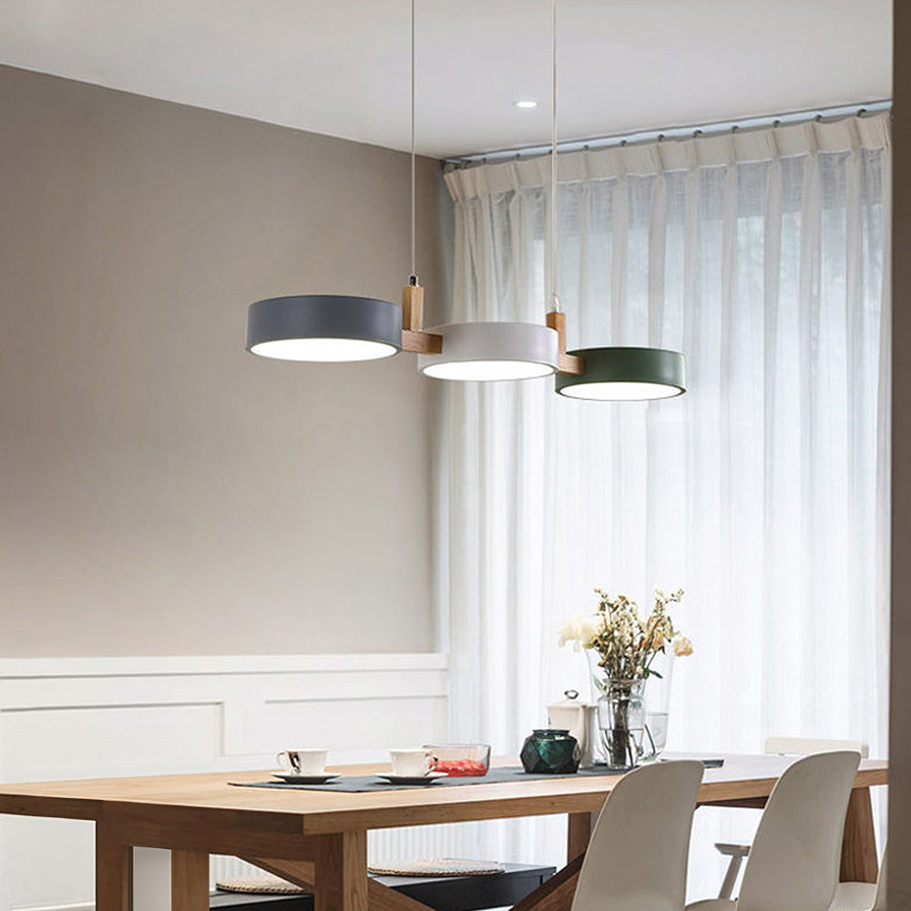3-Light Modern Linear Pendant Fixture | Matte Gray Shades & Wood Accents