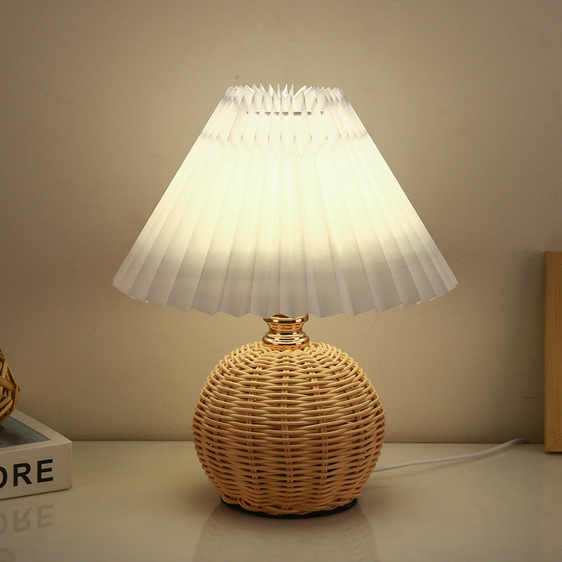 Nordic Rattan Table Lamp | Pleated Fabric Shade LED Bedside Lamp