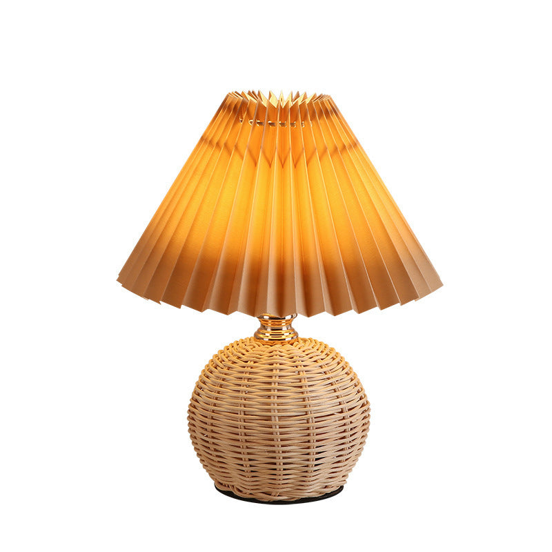Nordic Rattan Table Lamp | Pleated Fabric Shade LED Bedside Lamp