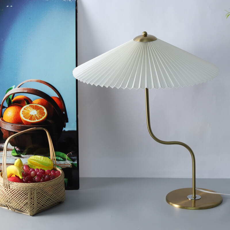 Retro Pleated Table Lamp with Umbrella Shade | Vintage Brass Decorative Desk Lamp for Bedroom & Living Room