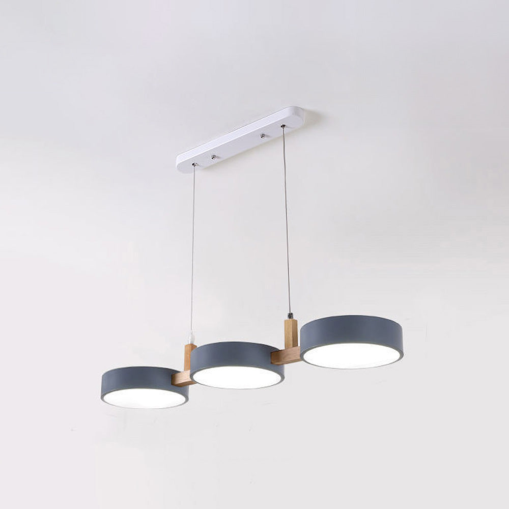 3-Light Modern Linear Pendant Fixture | Matte Gray Shades & Wood Accents