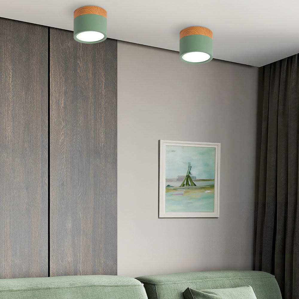 Modern Flush Mount Ceiling Light with Natural Wood Trim