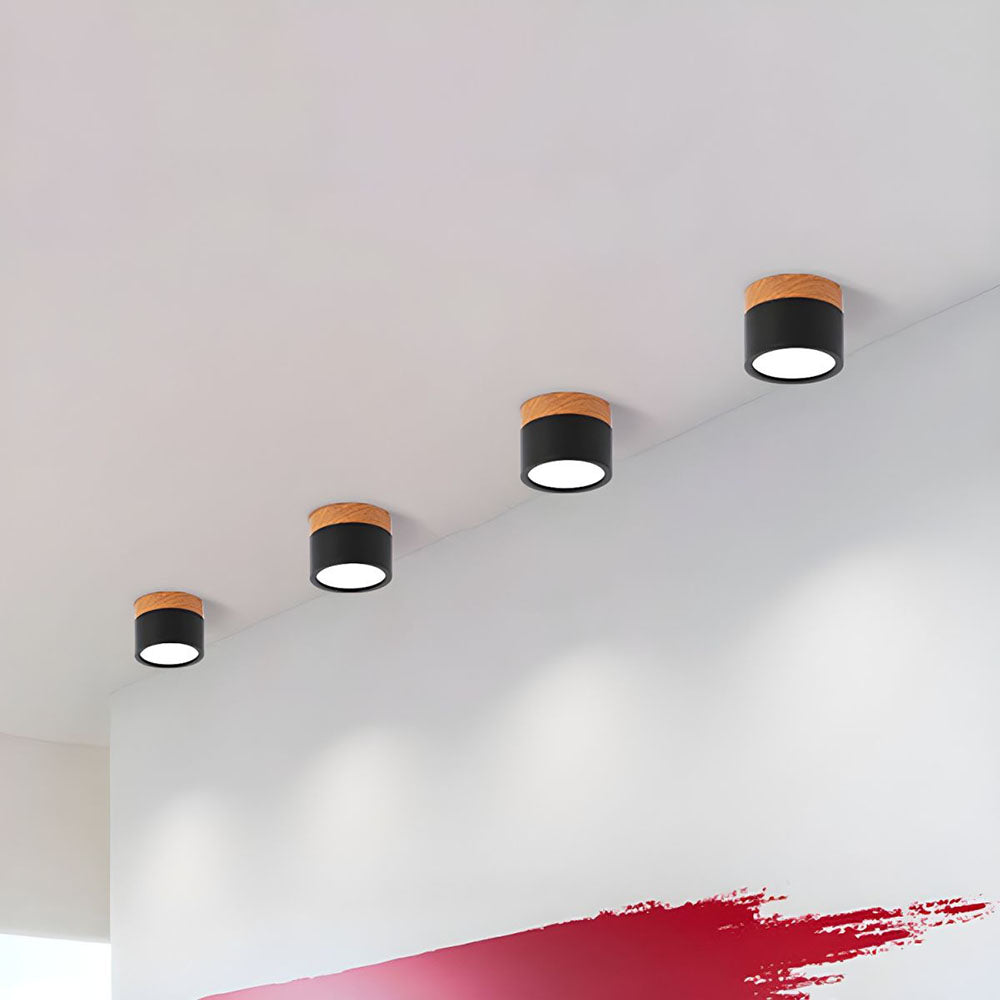 Modern Flush Mount Ceiling Light with Natural Wood Trim