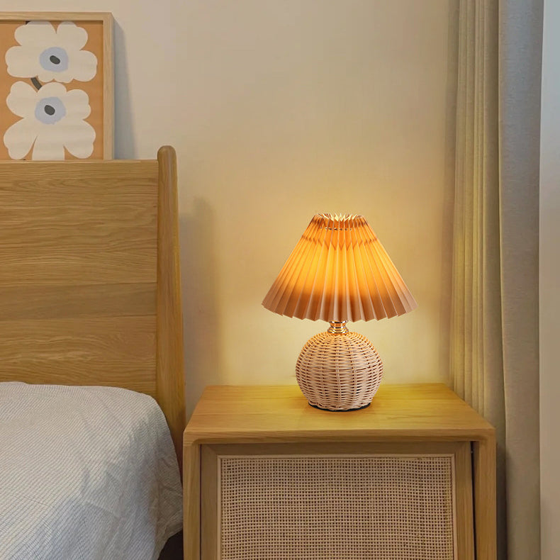Nordic Rattan Table Lamp | Pleated Fabric Shade LED Bedside Lamp