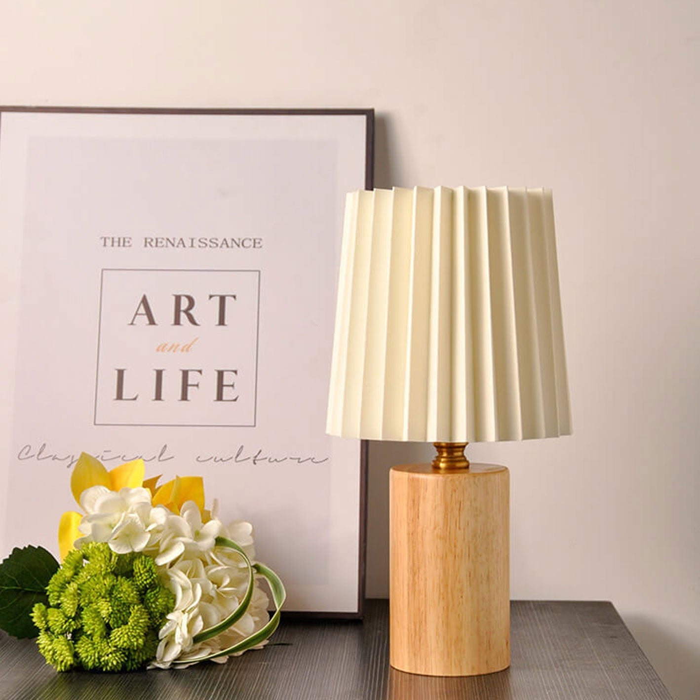 Vintage Pleated Table Lamp | Wooden Base Bedside Lamp