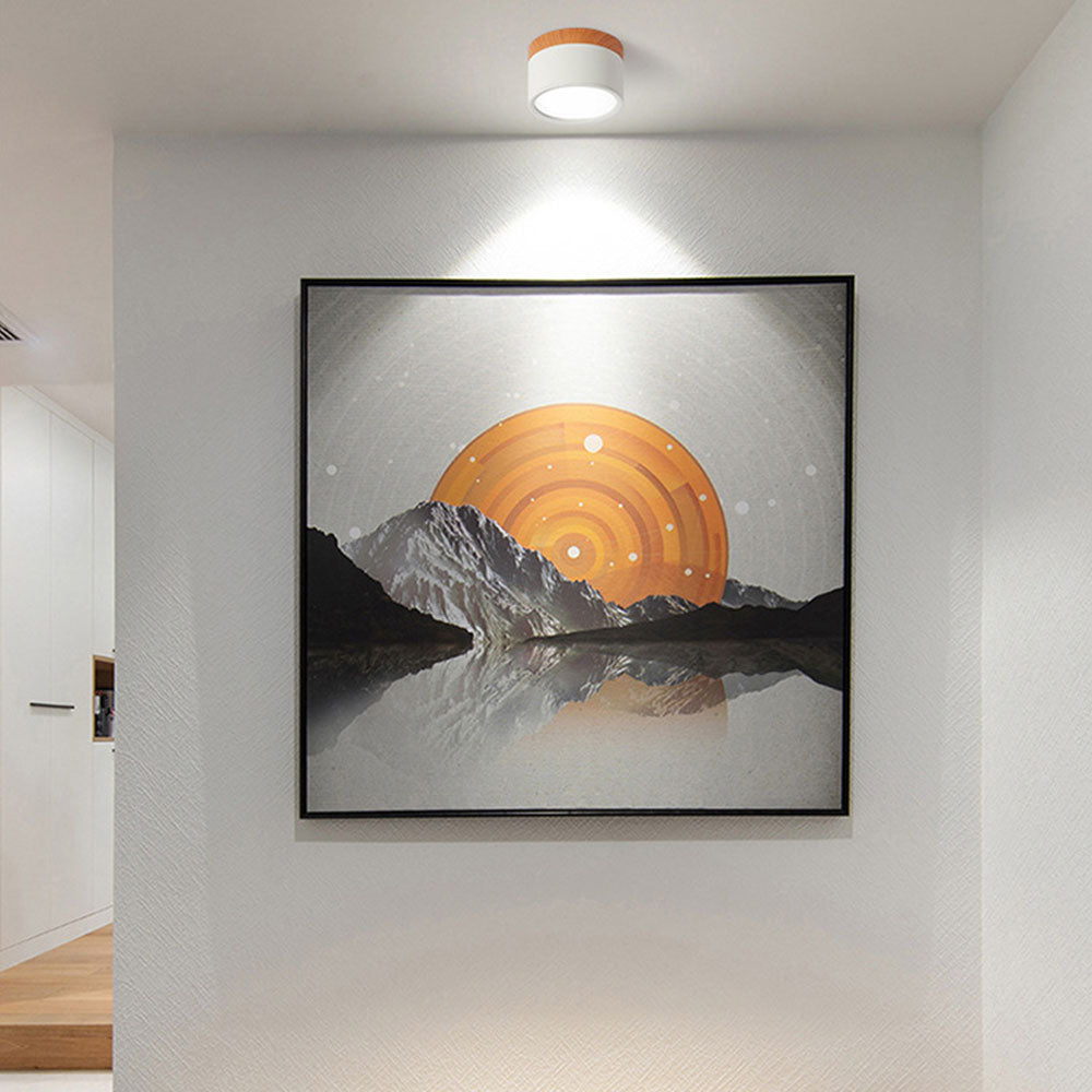 Modern Flush Mount Ceiling Light with Natural Wood Trim
