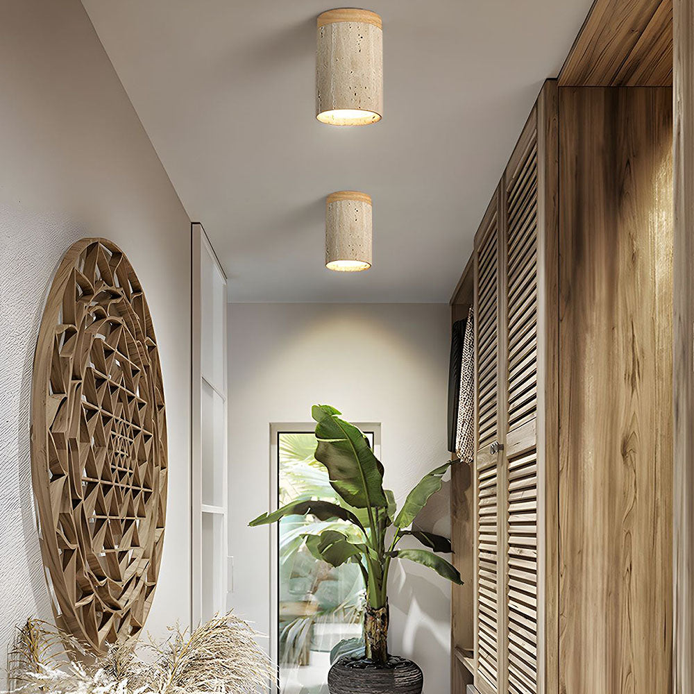 Minimalist Wood Cylinder Flush Mount Ceiling Light - Natural Finish LED Downlight