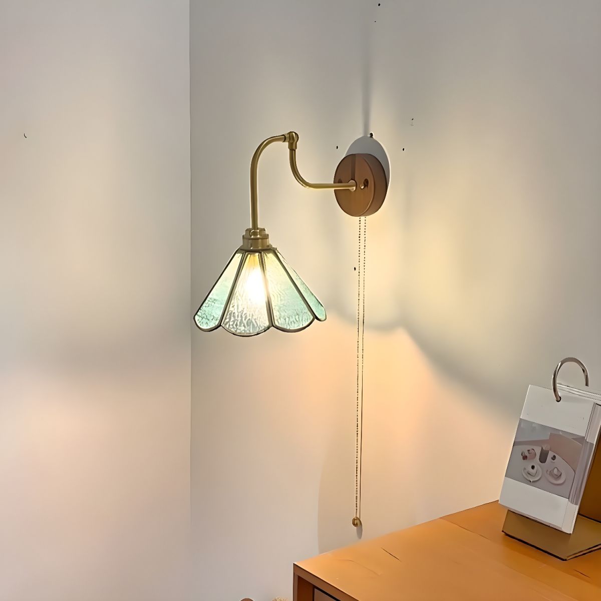 Vintage Brass & Glass Wall Sconce - Art Deco Fluted Shade w/ Pull Chain Switch