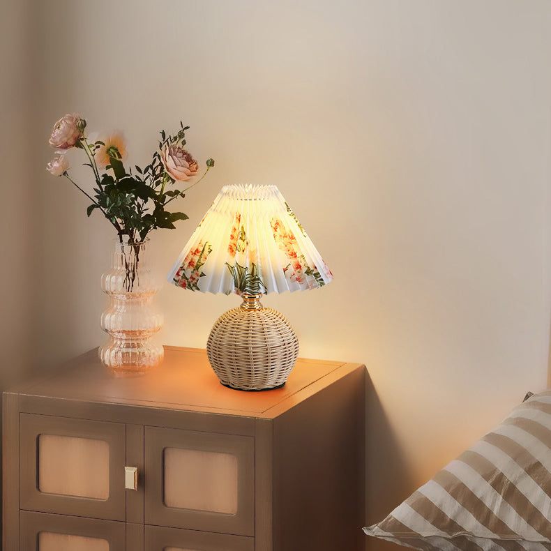 Nordic Rattan Table Lamp | Pleated Fabric Shade LED Bedside Lamp