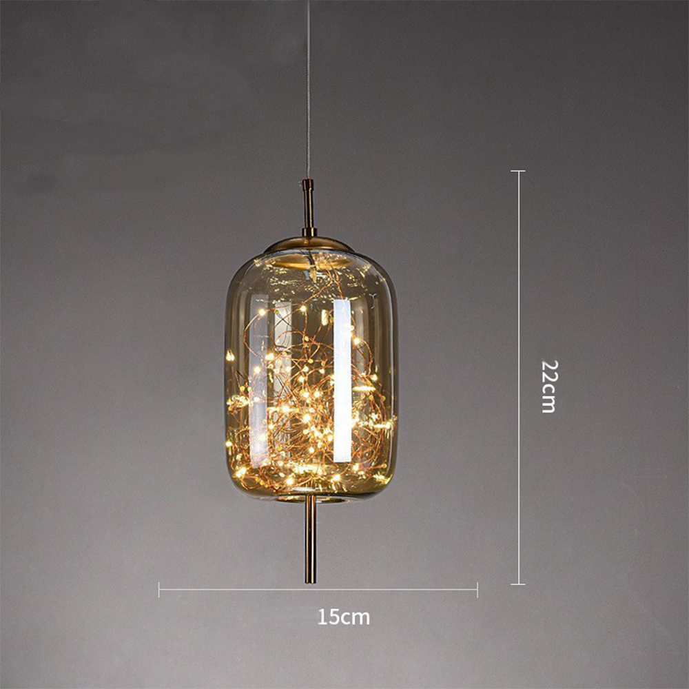 Amber Glass Pendant Light with LED Fairy Lights | Modern Capsule Design