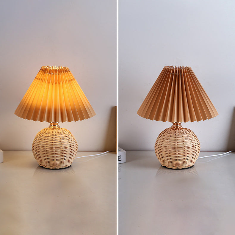 Nordic Rattan Table Lamp | Pleated Fabric Shade LED Bedside Lamp