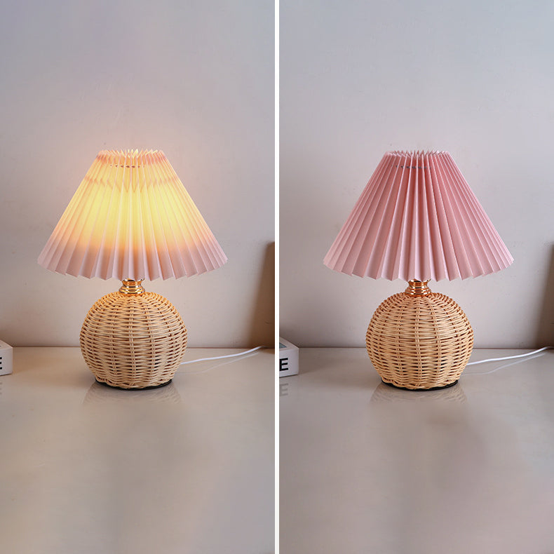 Nordic Rattan Table Lamp | Pleated Fabric Shade LED Bedside Lamp