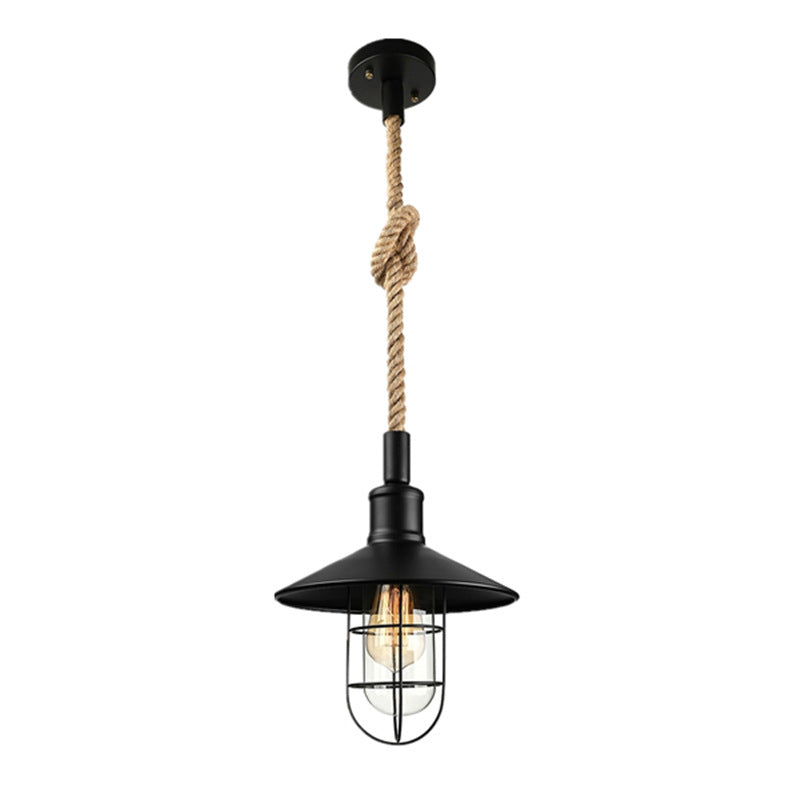 Farmhouse Pendant Light | Black Industrial Cage Ceiling Lamp with Hemp Rope Cord