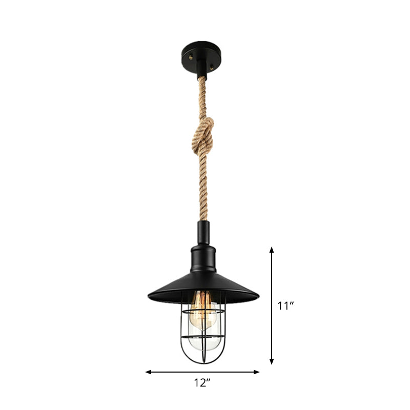 Farmhouse Pendant Light | Black Industrial Cage Ceiling Lamp with Hemp Rope Cord