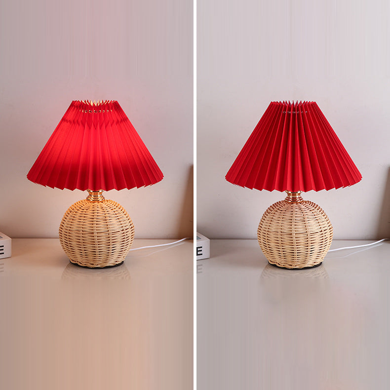Nordic Rattan Table Lamp | Pleated Fabric Shade LED Bedside Lamp