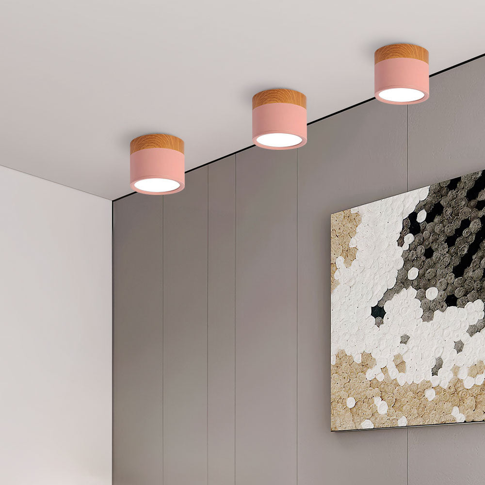 Modern Flush Mount Ceiling Light with Natural Wood Trim