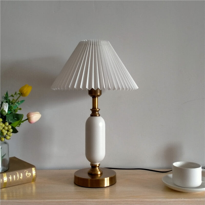 Retro Pleated Table Lamp with Black Shade | Vintage Brass Column Desk Lamp for Bedroom & Living Room