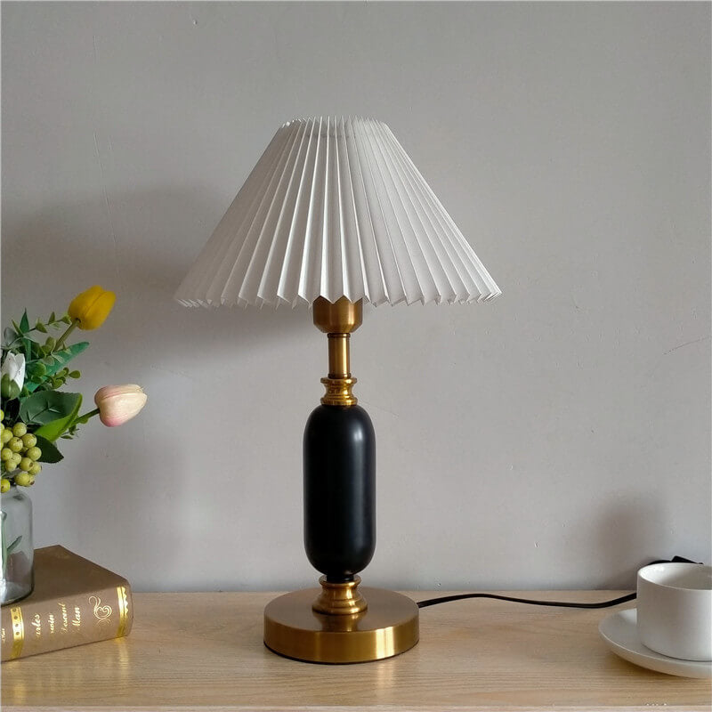 Retro Pleated Table Lamp with Black Shade | Vintage Brass Column Desk Lamp for Bedroom & Living Room