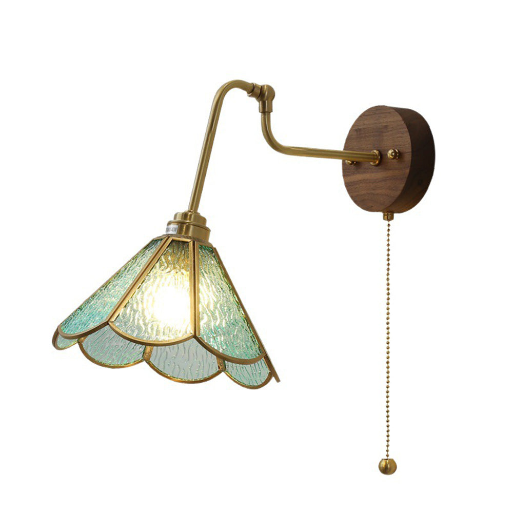 Vintage Brass & Glass Wall Sconce - Art Deco Fluted Shade w/ Pull Chain Switch