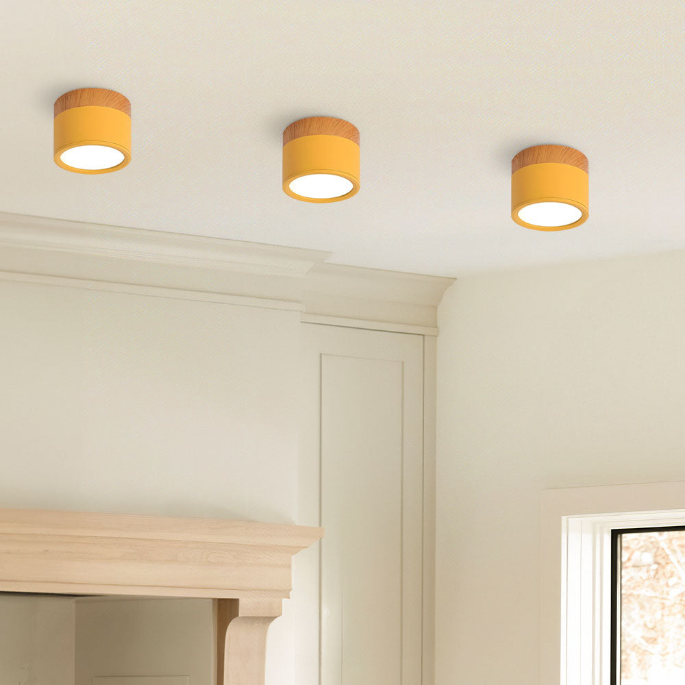 Modern Flush Mount Ceiling Light with Natural Wood Trim