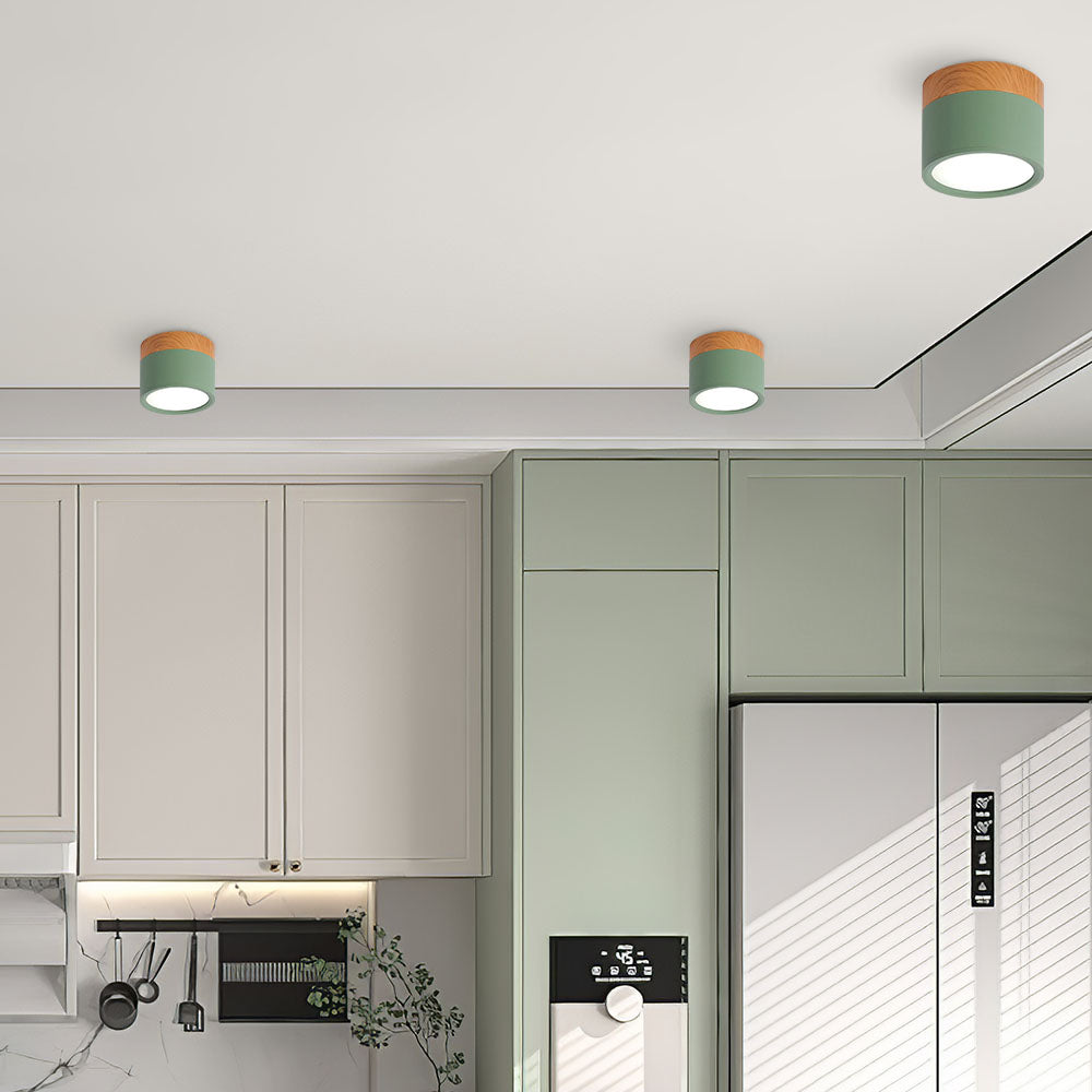 Modern Flush Mount Ceiling Light with Natural Wood Trim