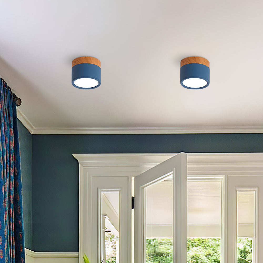 Modern Flush Mount Ceiling Light with Natural Wood Trim