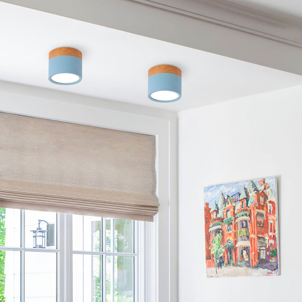 Modern Flush Mount Ceiling Light with Natural Wood Trim