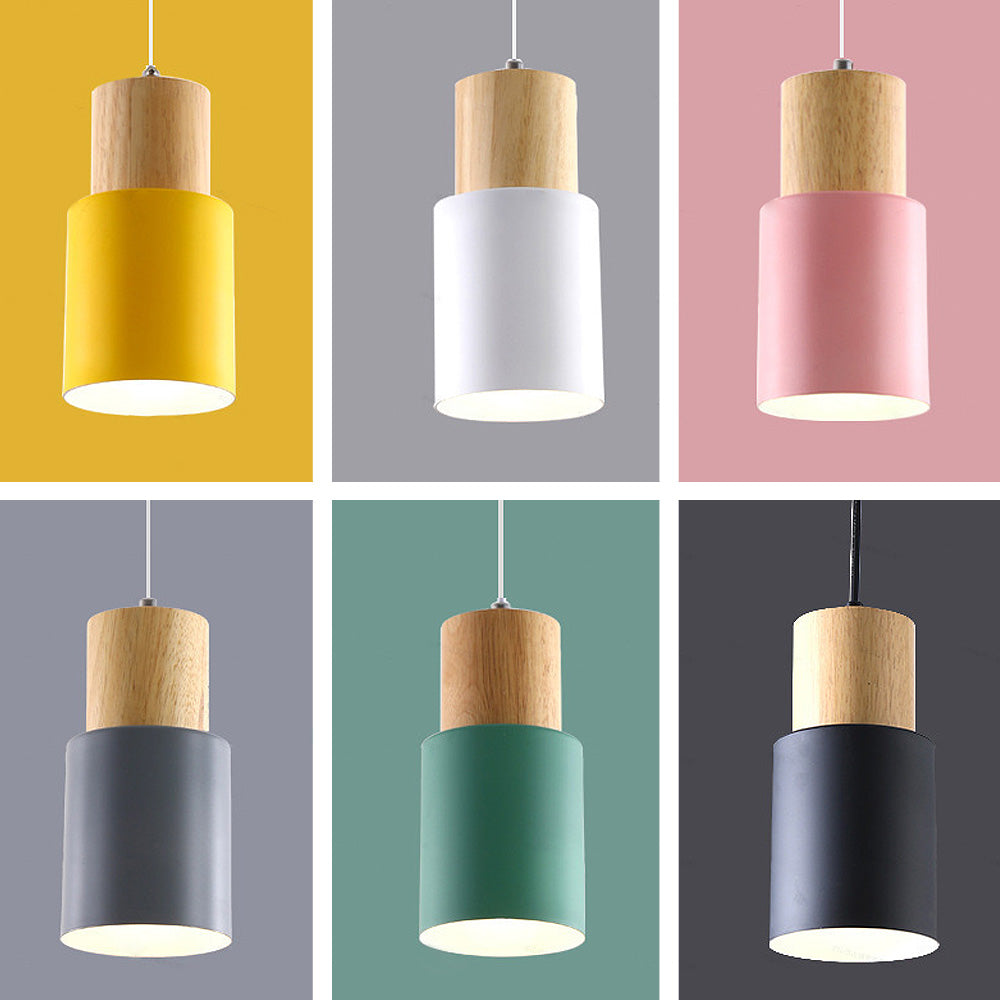 Black Wood Cylinder Pendant Light Modern Single