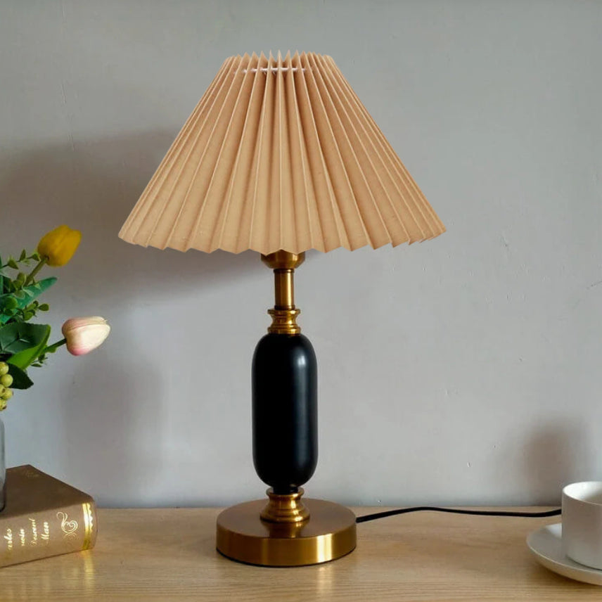 Retro Pleated Table Lamp with Black Shade | Vintage Brass Column Desk Lamp for Bedroom & Living Room