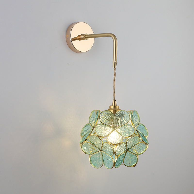 Vintage Glass Wall Light | Gold Bedside Wall Lamp with Flower Shade