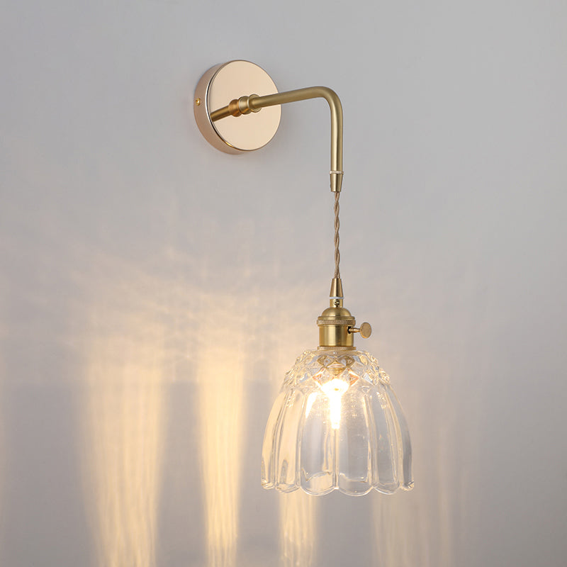 Vintage Glass Wall Light | Gold Bedside Wall Lamp with Flower Shade