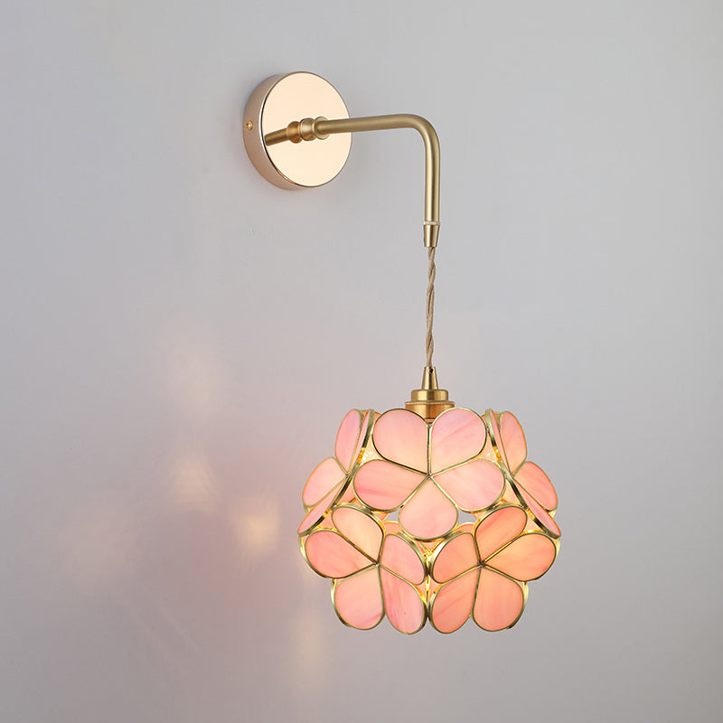Vintage Glass Wall Light | Gold Bedside Wall Lamp with Flower Shade
