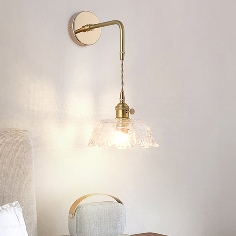 Vintage Glass Wall Light | Gold Bedside Wall Lamp with Flower Shade