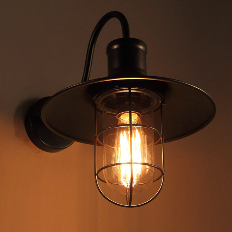 Industrial Wall Sconce | Black Gooseneck Metal Wall Light with Cage