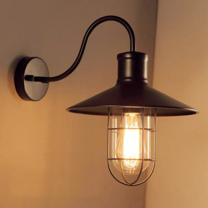 Industrial Wall Sconce | Black Gooseneck Metal Wall Light with Cage
