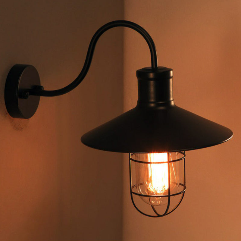 Industrial Wall Sconce | Black Gooseneck Metal Wall Light with Cage