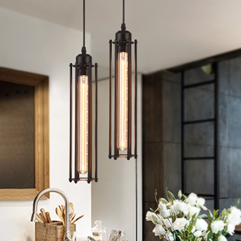 Industrial Pendant Light | Black Iron Cage Ceiling Light