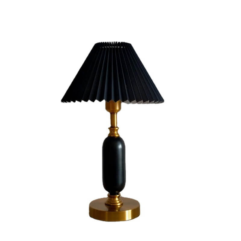 Retro Pleated Table Lamp with Black Shade | Vintage Brass Column Desk Lamp for Bedroom & Living Room