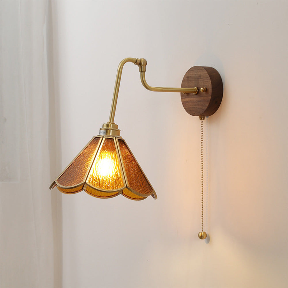 Vintage Brass & Glass Wall Sconce - Art Deco Fluted Shade w/ Pull Chain Switch