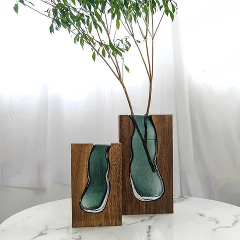 Nordic Wood & Glass Live Edge Vase | Modern Decorative Flower Vase for Living Room & Home Décor