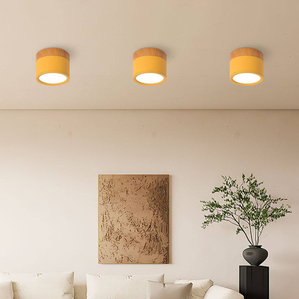 Modern Flush Mount Ceiling Light with Natural Wood Trim