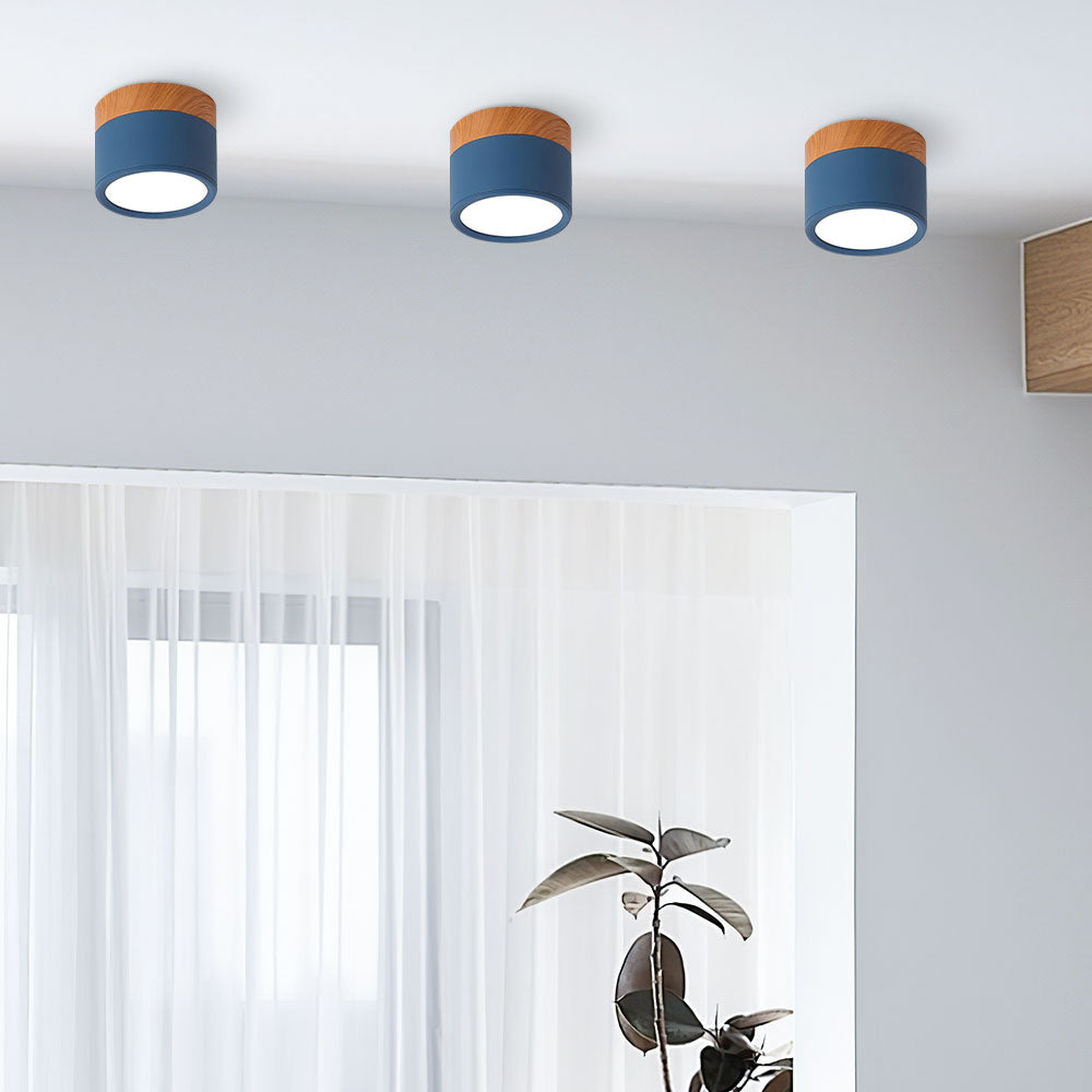 Modern Flush Mount Ceiling Light with Natural Wood Trim