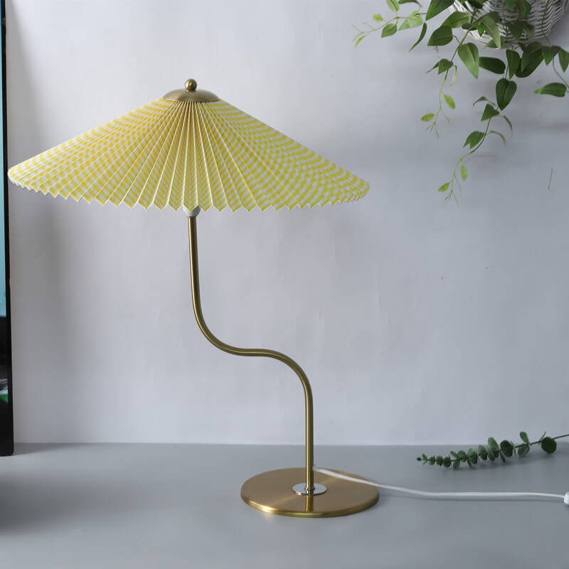 Retro Pleated Table Lamp with Umbrella Shade | Vintage Brass Decorative Desk Lamp for Bedroom & Living Room
