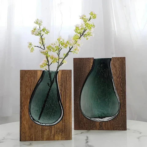Nordic Wood & Glass Live Edge Vase | Modern Decorative Flower Vase for Living Room & Home Décor