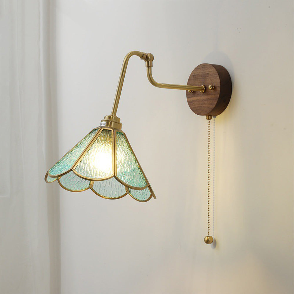 Vintage Brass & Glass Wall Sconce - Art Deco Fluted Shade w/ Pull Chain Switch
