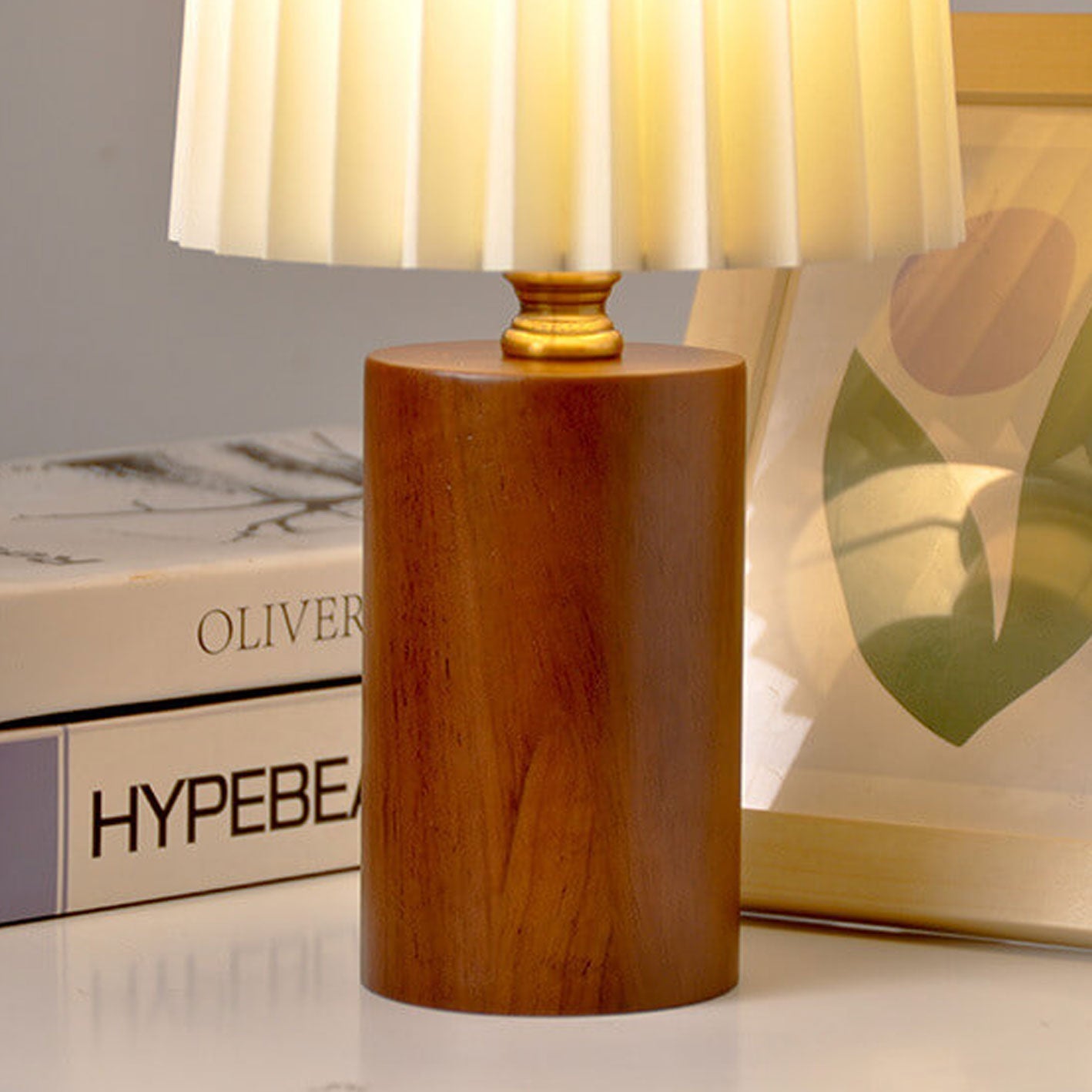 Vintage Pleated Table Lamp | Wooden Base Bedside Lamp