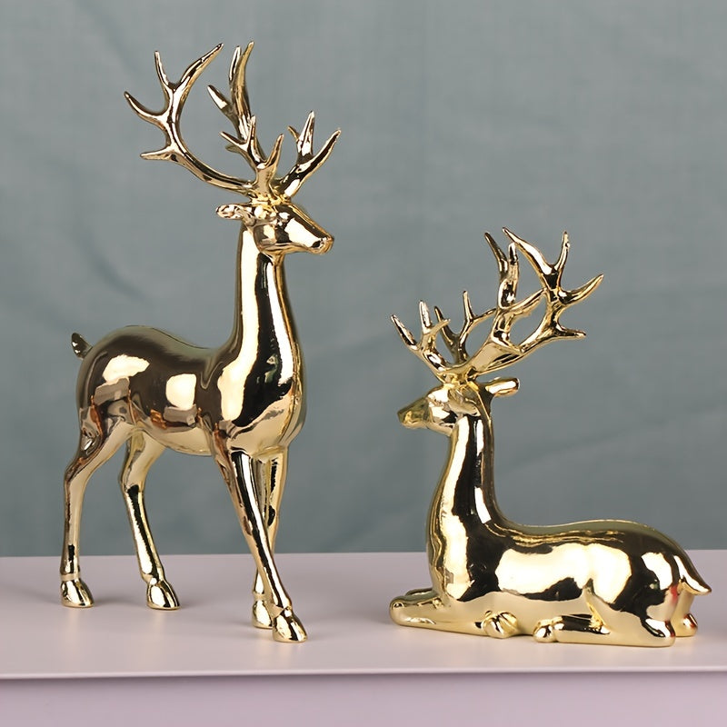 Gold Reindeer Figurines – Set of 2 Elegant Christmas Decorations for Home
