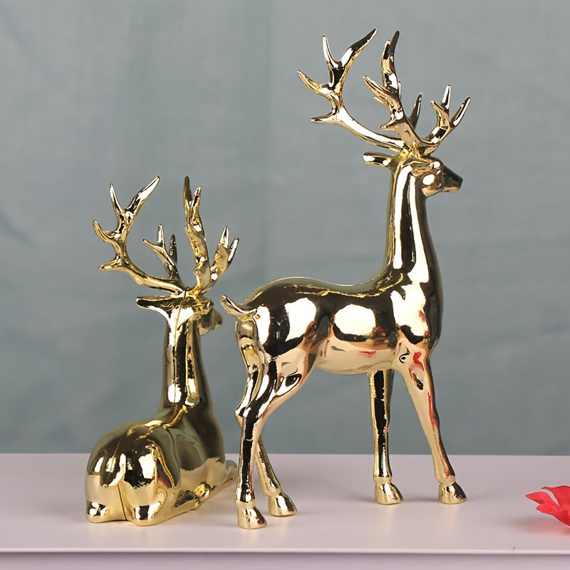 Gold Reindeer Figurines – Set of 2 Elegant Christmas Decorations for Home