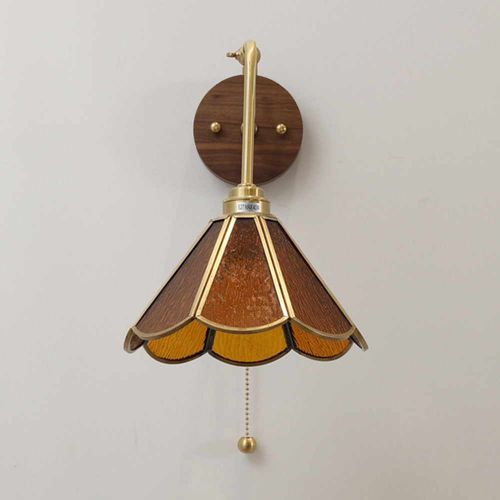 Vintage Brass & Glass Wall Sconce - Art Deco Fluted Shade w/ Pull Chain Switch