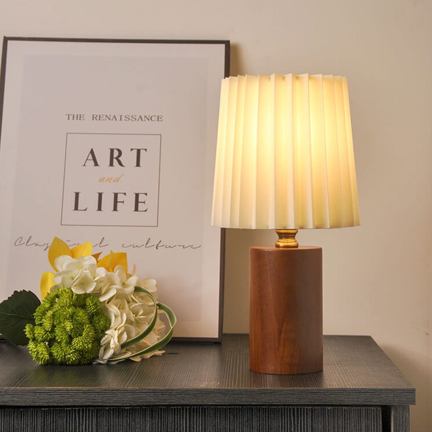 Vintage Pleated Table Lamp | Wooden Base Bedside Lamp